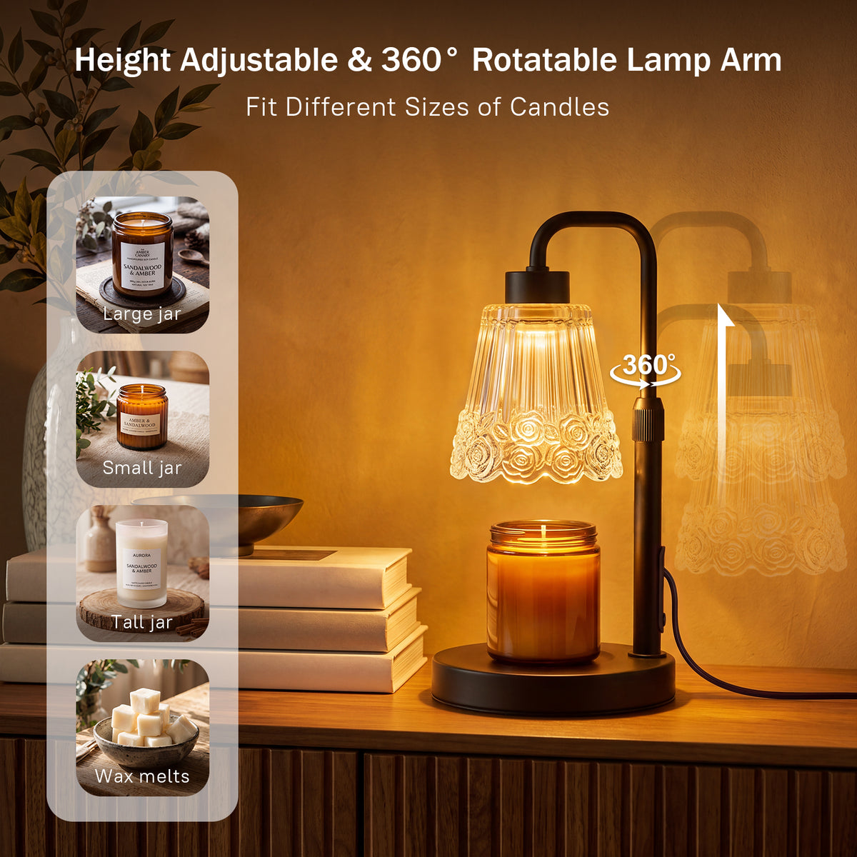 Noahstrong Candle Warmer Lamp, Adjustable Height Wax Melting Lamp with Timer & Dimmable, Glass Rose Flower Shape Candle Warmer, Home Decor Gift with 2 Bulbs