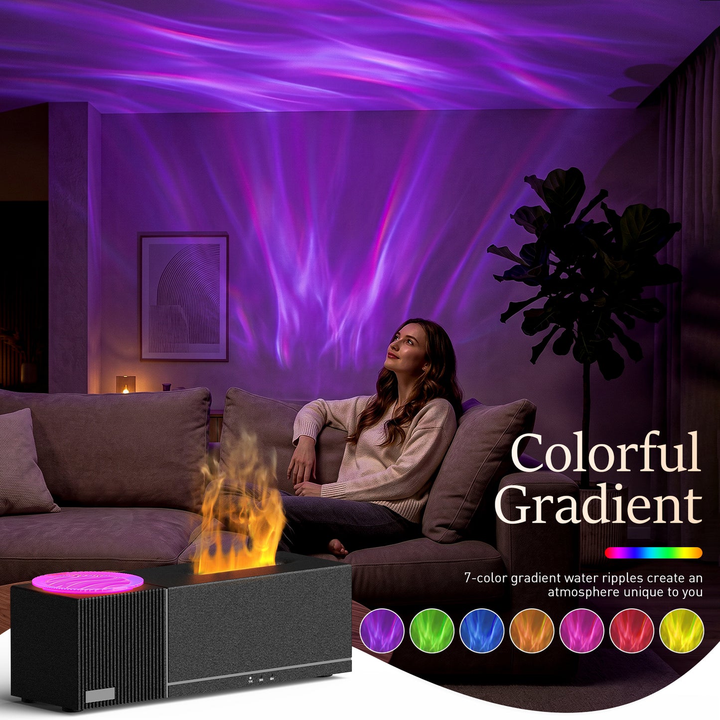 Noahstrong Essential Oil Diffuser, 7-Color Water Ripple Projector Flame Diffuser, Remote Control, 3 Timer Modes & Auto Shut-Off, Aromatherapy Humidifier for Bedroom Home Yoga
