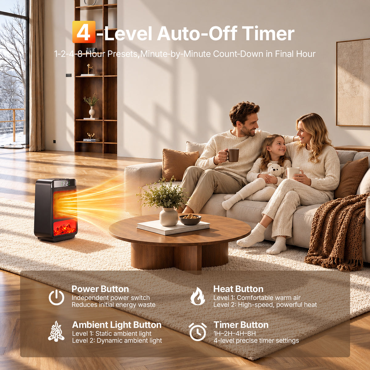 Jionchery Space Heaters for Inside, Fast Heating with 70° Wide-Angle, Fireplace Heater with 3D Flame Ambient Light & 4-Setting Timer, Safe Quiet Electric Heater for Room Office