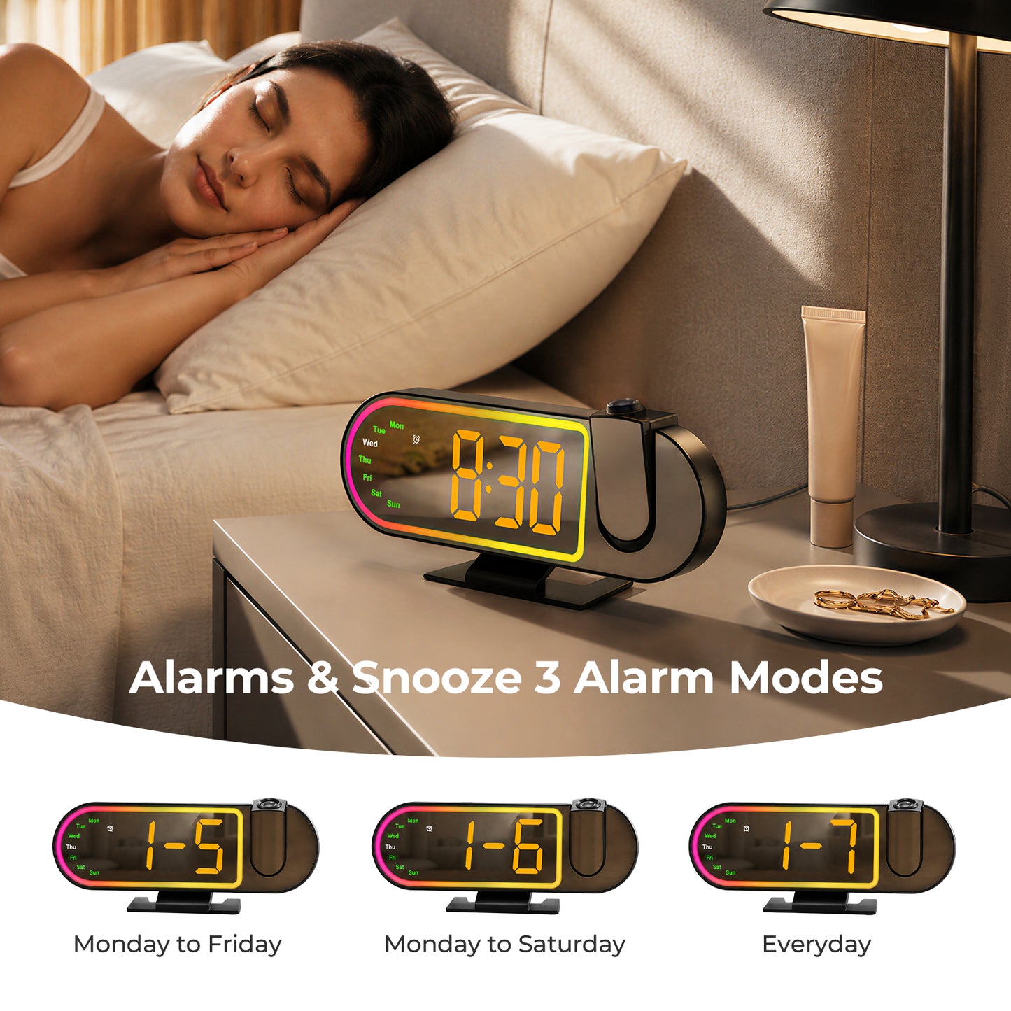 Jionchery Projection Alarm Clock for Heavy Sleepers, Extra-Loud Bedside Digital Clock with Large Display, RGB Night Light with Snooze & Adjustable Brightness, Customizable Alarm for Kids Adults