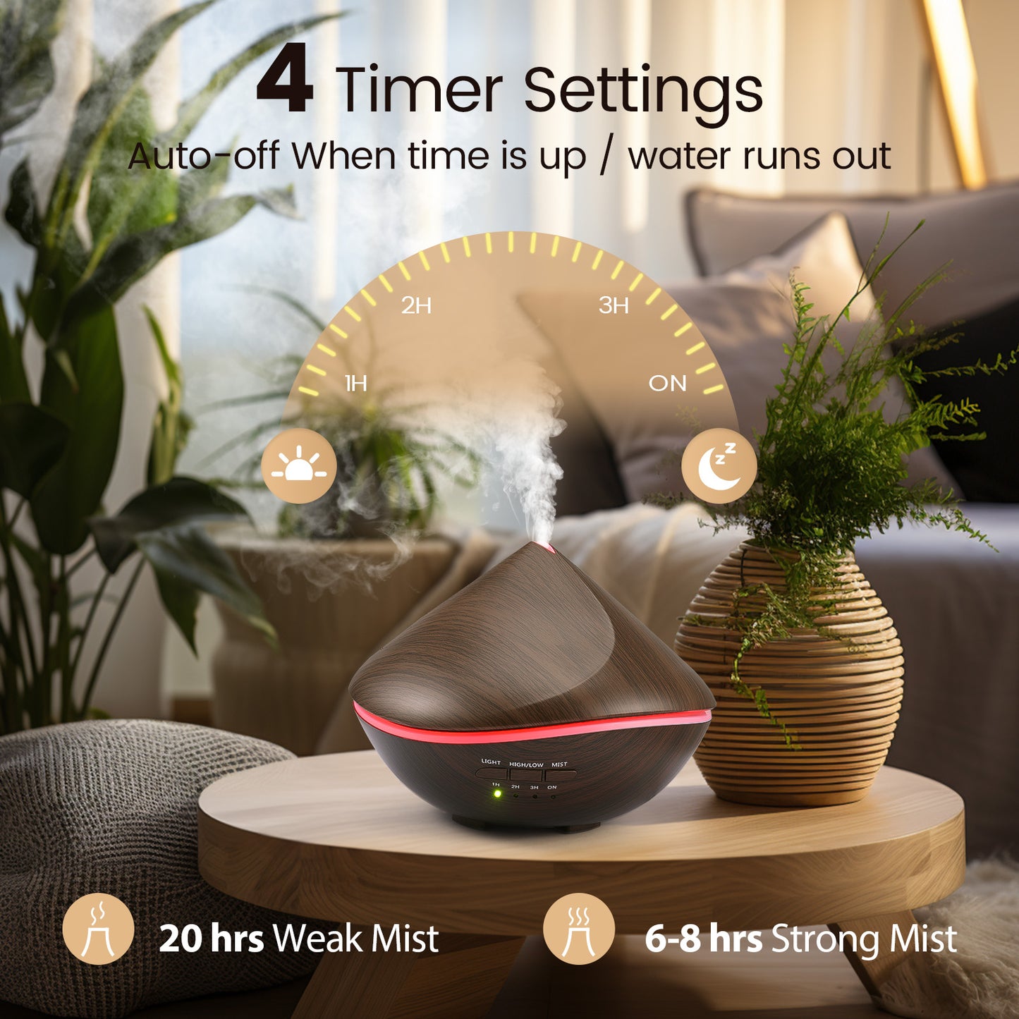 Noahstrong Essential Oil Diffuser, 500ml Upgraded Aromatherapy Diffuser, Wood Grain Aroma Humidifier with 14 Colors Lights, 2 Mist Mode, 4 Timer, Waterless Auto Shut-Off for Large Room Bedroom Office