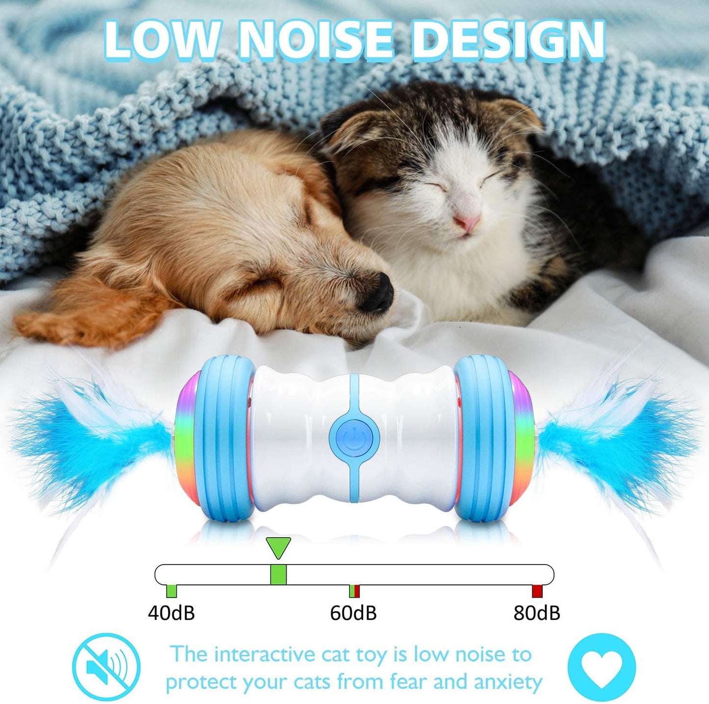 UWANTME Interactive Cat Toys for Indoor Cats, 360 Degree Self-Rotating Automatic Cat Toy with Feather, Colorful LED Light, Low Noise, Electric Pet Exercise Toys