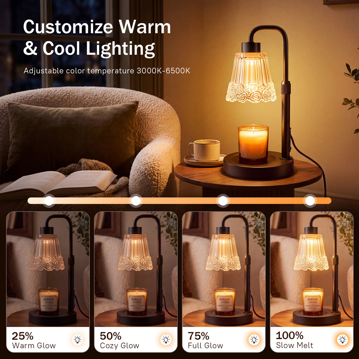 Noahstrong Candle Warmer Lamp, Adjustable Height Wax Melting Lamp with Timer & Dimmable, Glass Rose Flower Shape Candle Warmer, Home Decor Gift with 2 Bulbs