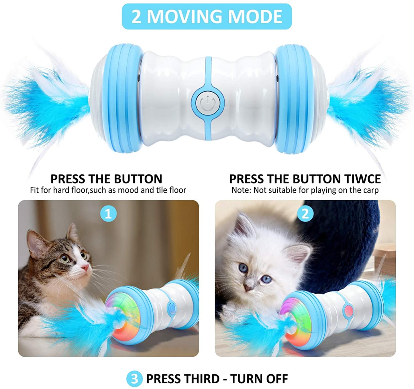 UWANTME Interactive Cat Toys for Indoor Cats, 360 Degree Self-Rotating Automatic Cat Toy with Feather, Colorful LED Light, Low Noise, Electric Pet Exercise Toys