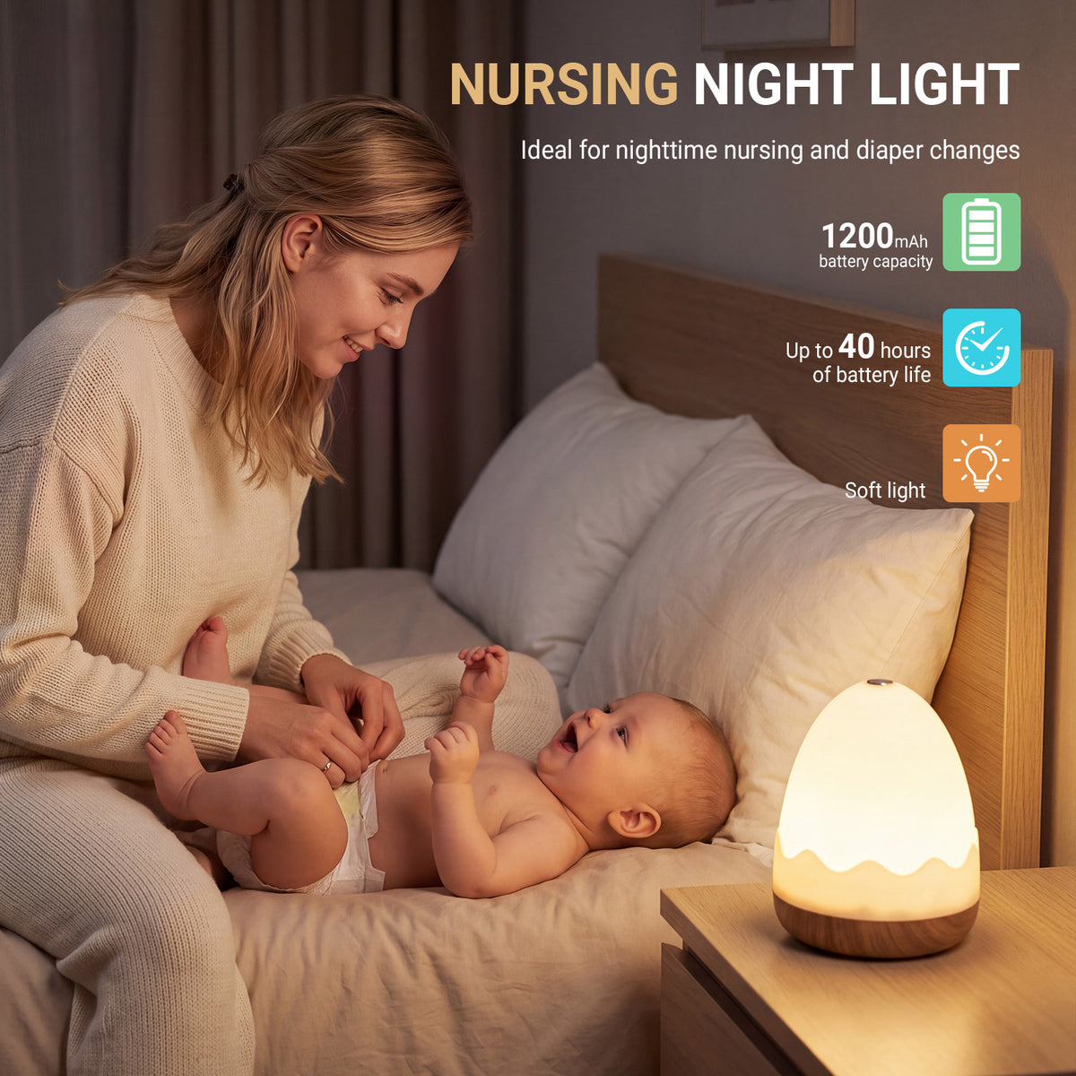 Noahstrong Baby Night Light, Rechargeable Egg-Shaped Nursery Table Lamp with Touch & Remote Control, 13 Colors & Dimmable, 4 Timers, Portable Mini Lamp for Bedroom, Nursery & Breastfeeding