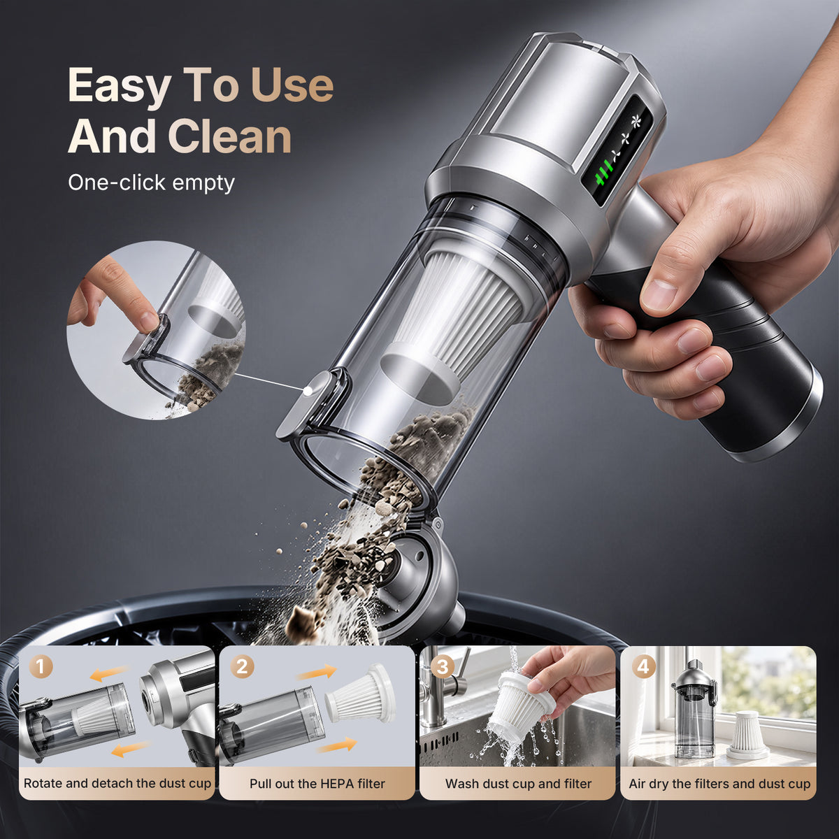Jionchery Car Vacuum Cleaner, 16000Pa Handheld Vacuum Cleaner with 6000mAh Battery & Multi-Nozzles, Cordless Foldable Car Vacuum for Home Office Tavel
