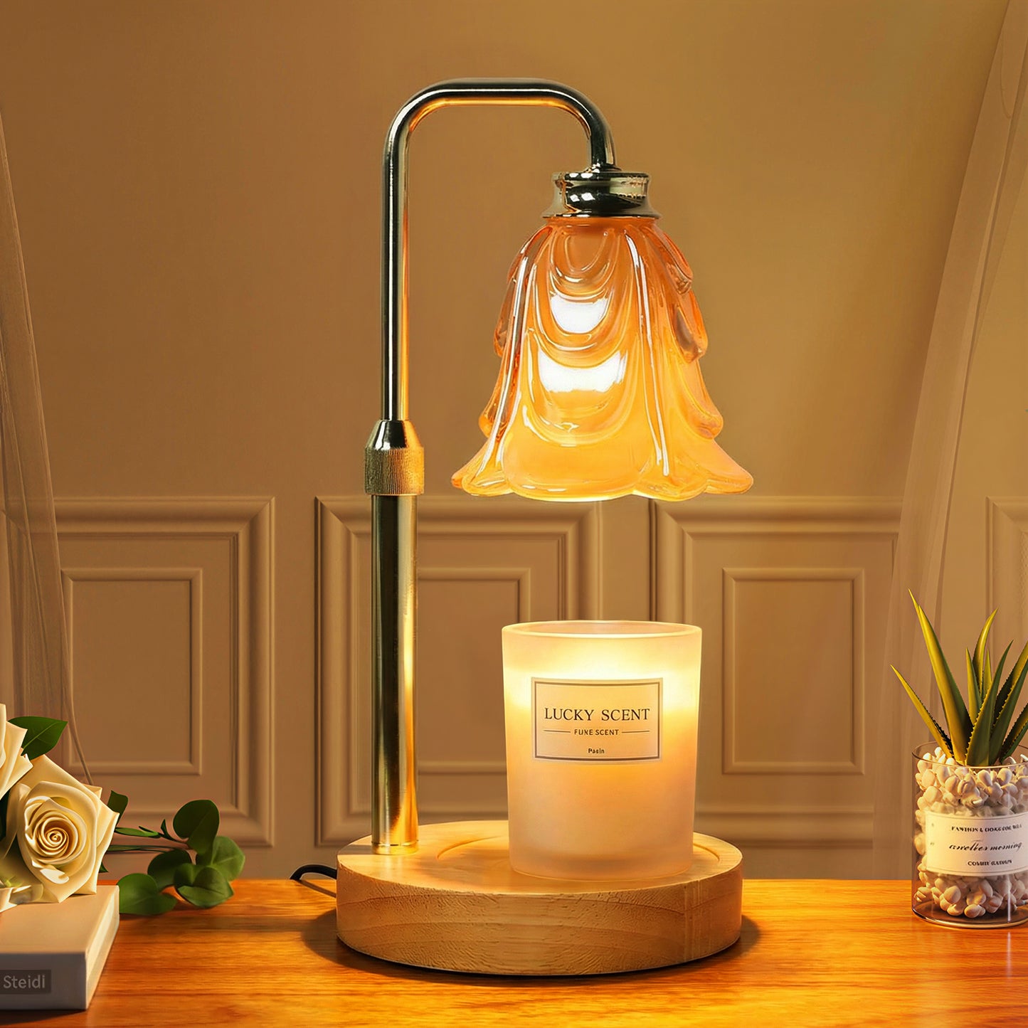 Noahstrong Candle Warmer Lamp for Jar Candles, Adjustable Height Glass Flower Shape with Timer & Dimmable, Home Decor Gift with 2 Bulbs