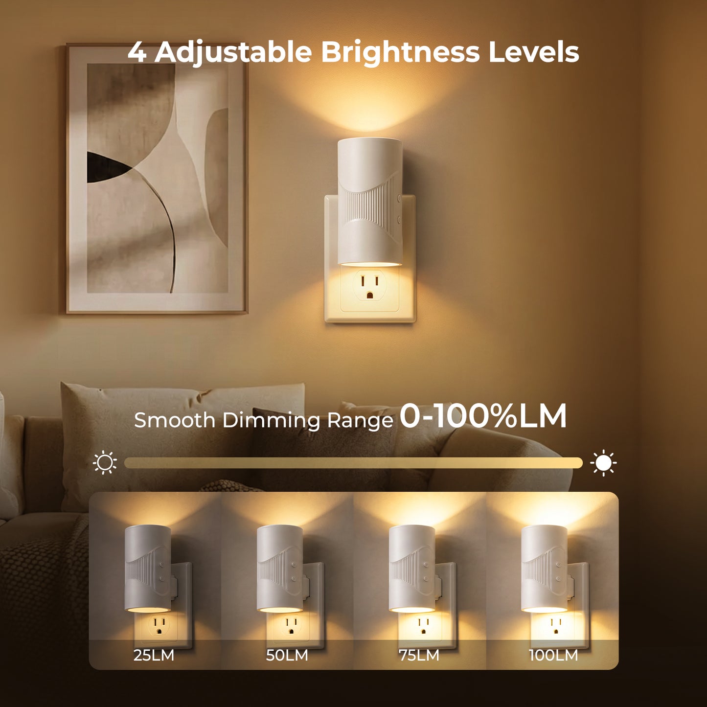 2-Pack LED Night Lights Plug into Wall, 0-100LM Dimmable Wall Nightlight with Auto Dusk-to-Dawn Sensor and Energy-Saving, 3-Color Temperature Plug in Lights for Bedroom, Hallway, Bathroom, Stairs
