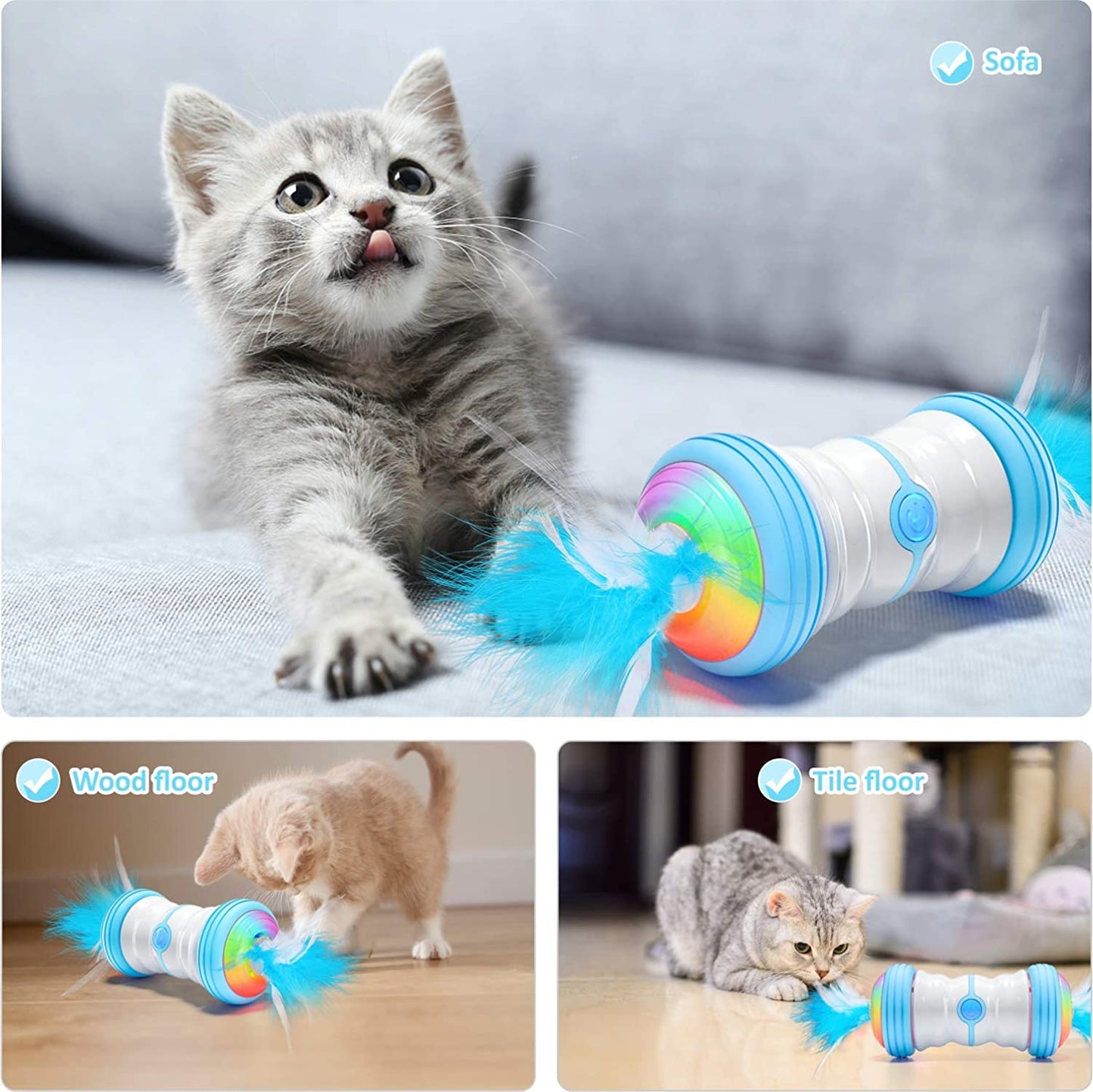 UWANTME Interactive Cat Toys for Indoor Cats, 360 Degree Self-Rotating Automatic Cat Toy with Feather, Colorful LED Light, Low Noise, Electric Pet Exercise Toys