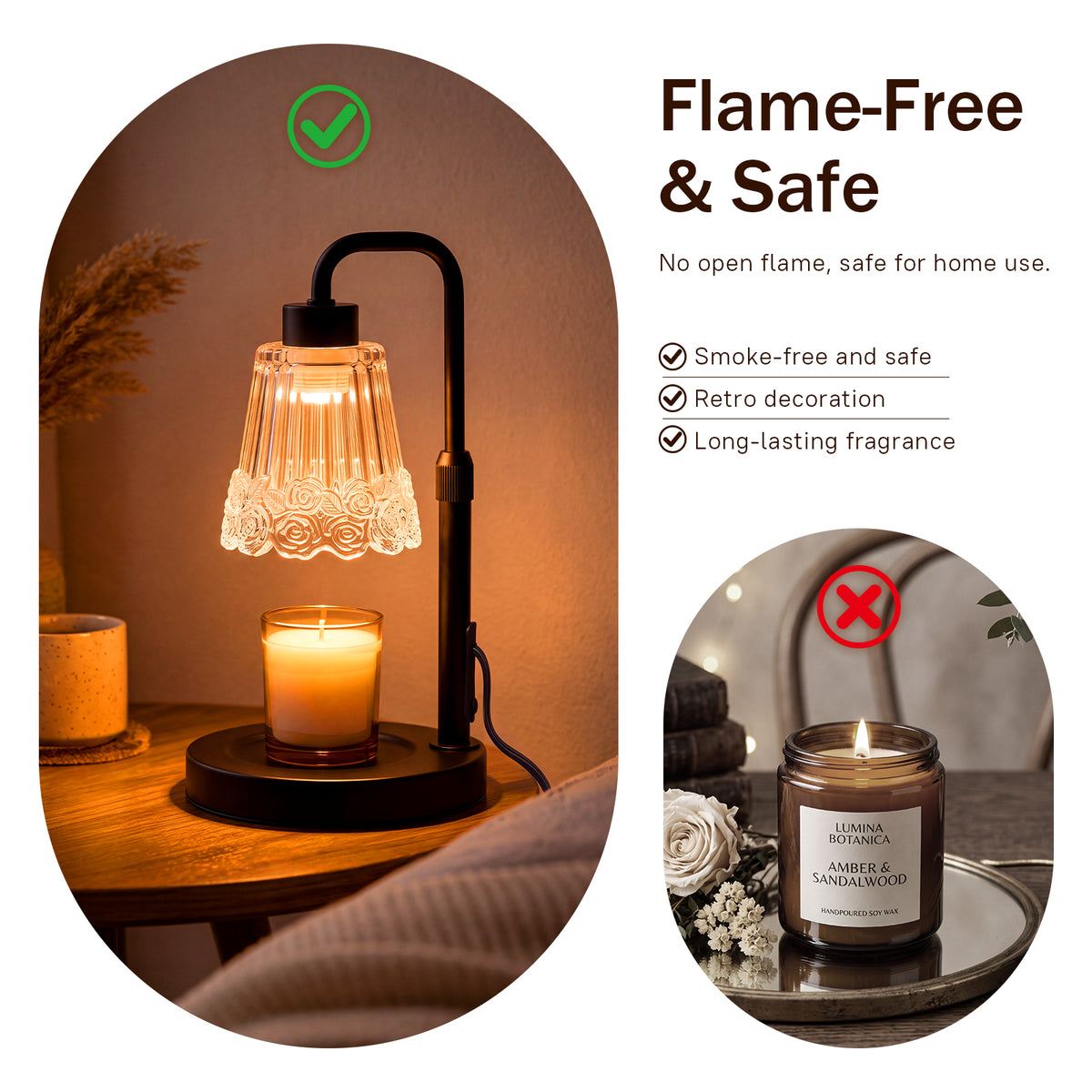 Noahstrong Candle Warmer Lamp, Adjustable Height Wax Melting Lamp with Timer & Dimmable, Glass Rose Flower Shape Candle Warmer, Home Decor Gift with 2 Bulbs