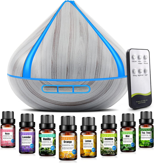 Noahstrong 500 ML Scented Oil Diffusers with 8 Essential Oils Set, Aromatherapy Diffusers Air Freshener, Humidifiers with Remote Control, 4 Timer, Auto-waterless Shut-Off for Bedroom, Large Room