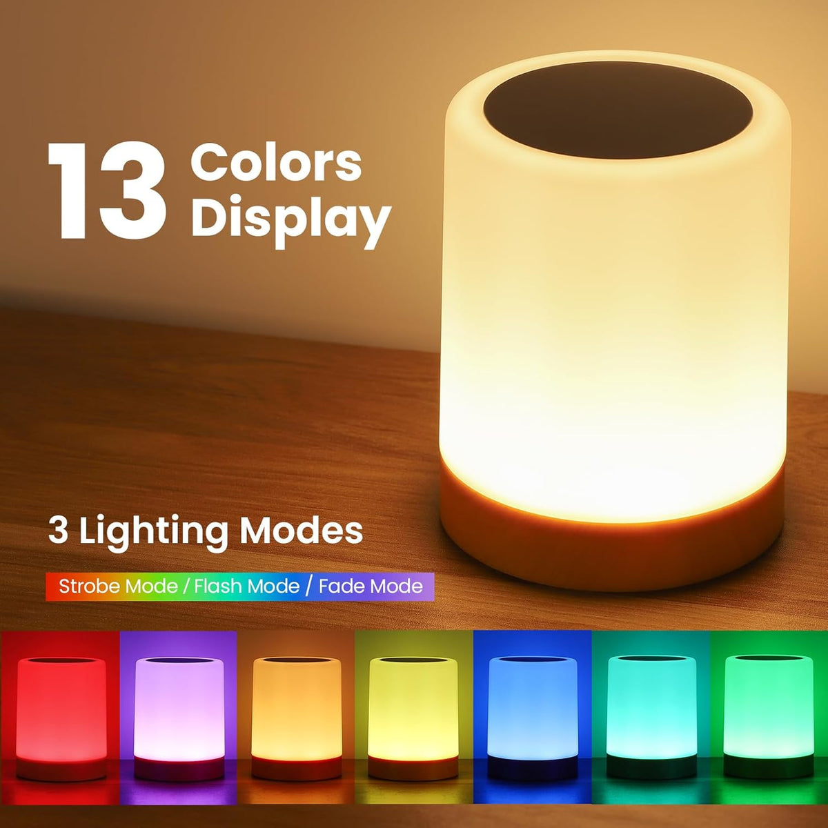 Noahstrong Night Light, 5 Brightness 13 RGB Colors Table Lamps for Bedroom, 3 color Variation Modes Bedside Desk Lamp with USB Port, Portable Small Touch Night Light with Hook for Gatherings, Picnics