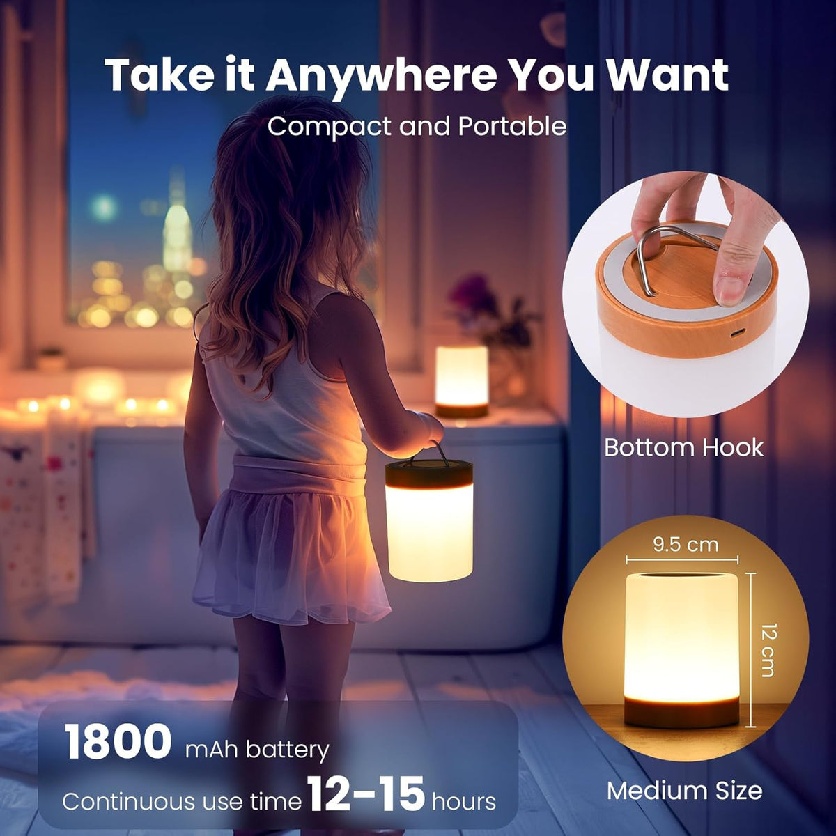 Noahstrong Night Light, 5 Brightness 13 RGB Colors Table Lamps for Bedroom, 3 color Variation Modes Bedside Desk Lamp with USB Port, Portable Small Touch Night Light with Hook for Gatherings, Picnics