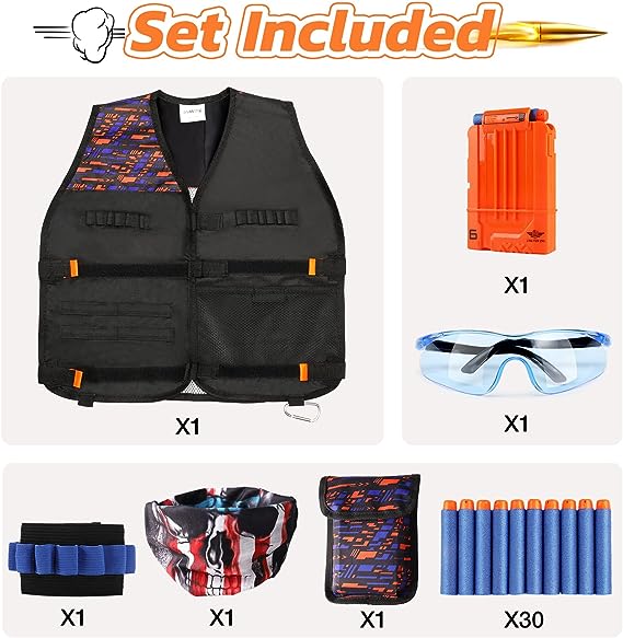 Kids Tactical Vest Kit for Nerf Guns N-Strike Elite Series with Refill Darts Dart Pouch, Reload Clip Tactical Mask Wrist Band and Protective Glasses for kids Boys & girls