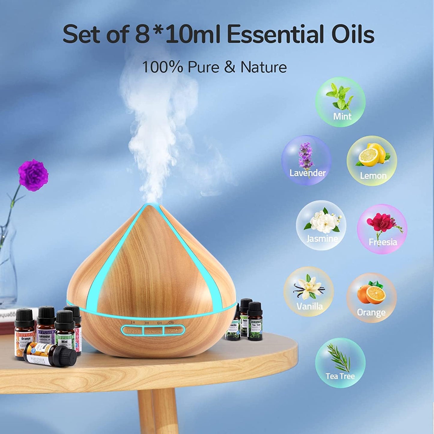 Noahstrong 500 ML Scented Oil Diffusers with 8 Essential Oils Set, Aromatherapy Diffusers Air Freshener, Humidifiers with Remote Control, 4 Timer, Auto-waterless Shut-Off for Bedroom, Large Room