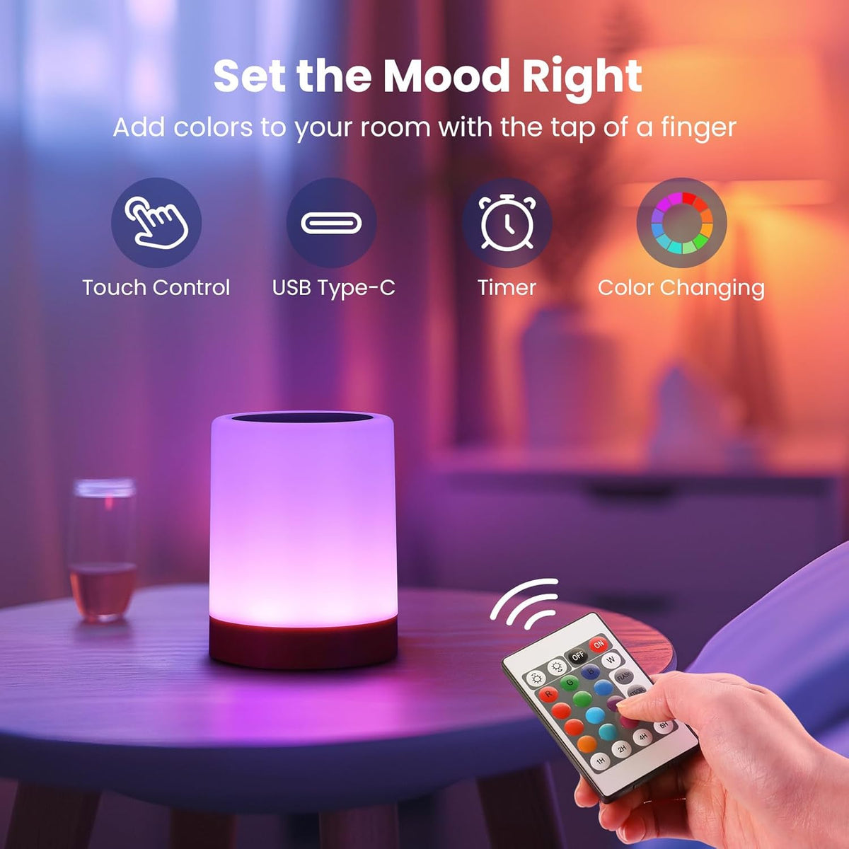 Noahstrong Night Light, 5 Brightness 13 RGB Colors Table Lamps for Bedroom, 3 color Variation Modes Bedside Desk Lamp with USB Port, Portable Small Touch Night Light with Hook for Gatherings, Picnics
