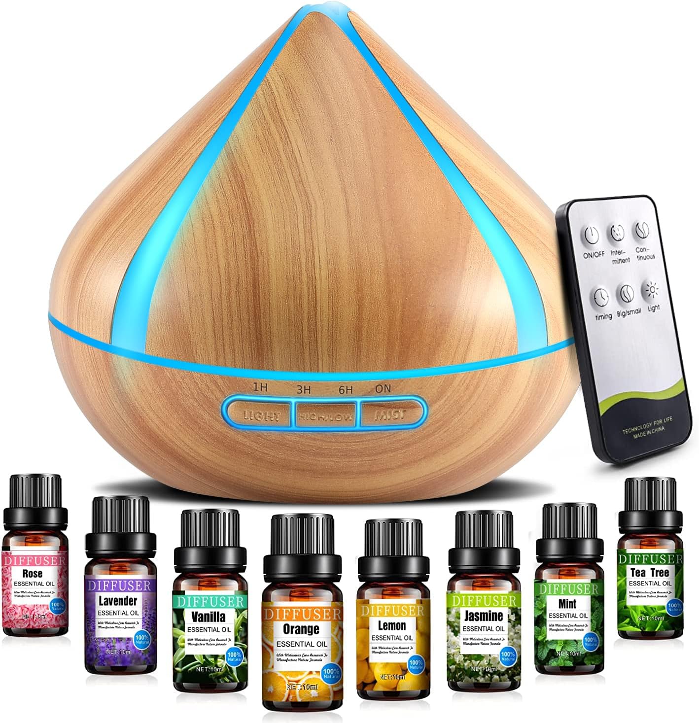 Noahstrong 500 ML Scented Oil Diffusers with 8 Essential Oils Set, Aromatherapy Diffusers Air Freshener, Humidifiers with Remote Control, 4 Timer, Auto-waterless Shut-Off for Bedroom, Large Room