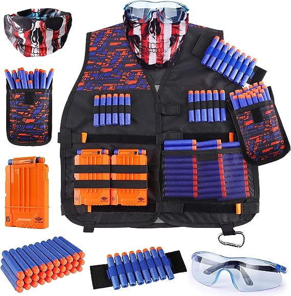 Kids Tactical Vest Kit for Nerf Guns N-Strike Elite Series with Refill Darts Dart Pouch, Reload Clip Tactical Mask Wrist Band and Protective Glasses for kids Boys & girls