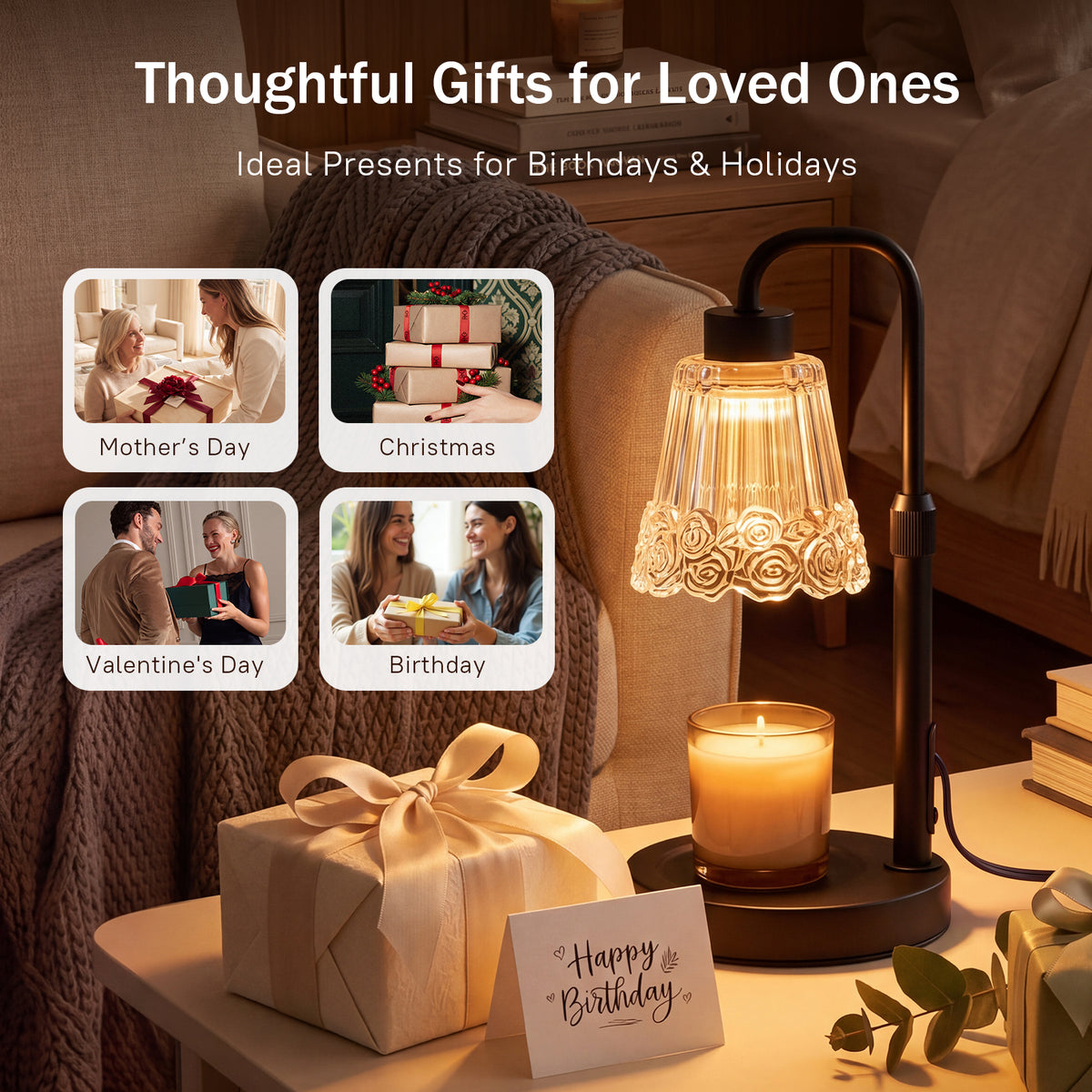 Noahstrong Candle Warmer Lamp, Adjustable Height Wax Melting Lamp with Timer & Dimmable, Glass Rose Flower Shape Candle Warmer, Home Decor Gift with 2 Bulbs