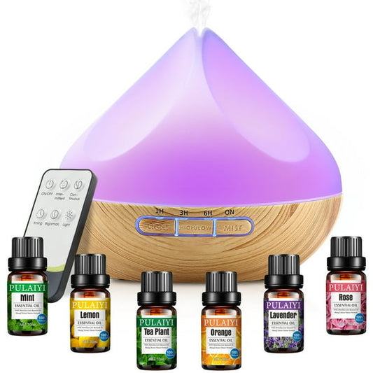 Noahstrong 500ml Essential Oil Diffuser with 6*10ml Essential Oils Set, Flower Aromatherapy Diffusers with Remote Control, Aroma Fragrant Oil Air Humidifier Vaporizer for Large Room Bedroom Office